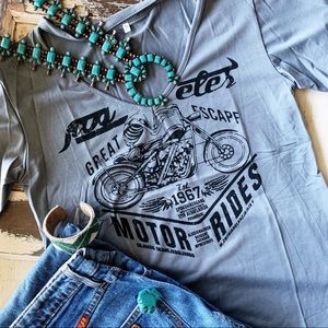 Grey Motor Rides T- Shirt with Cut Out Neckline